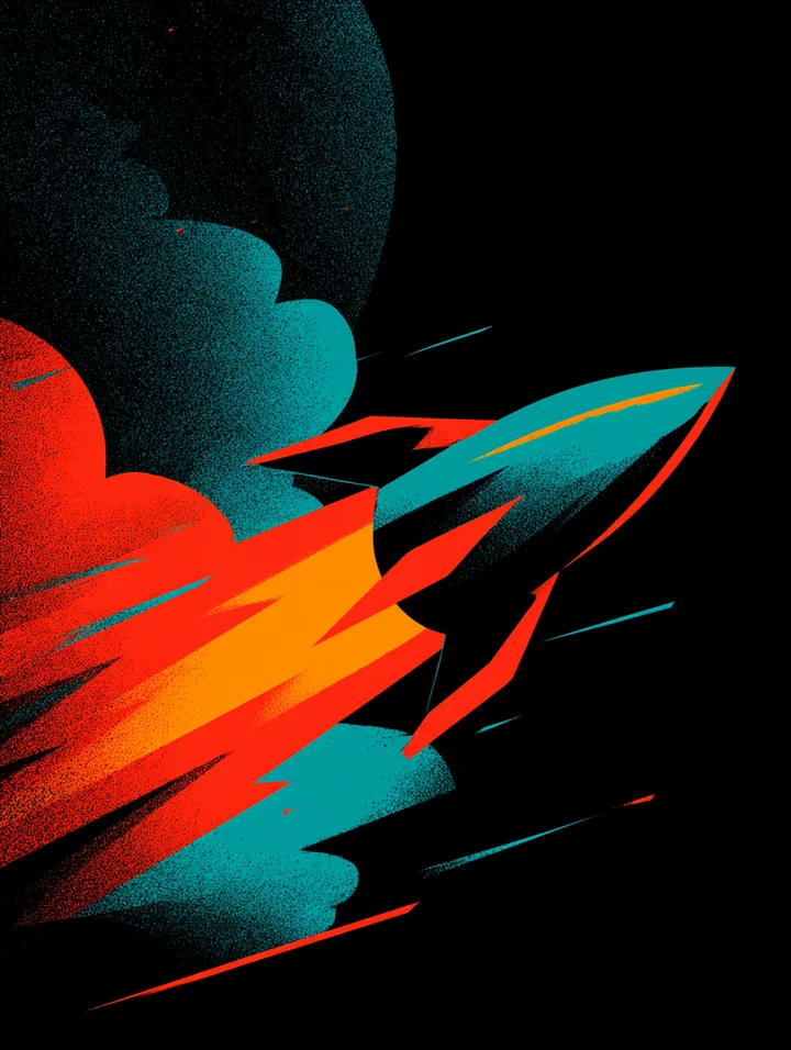 Flat illustration of a rocket streaking diagonally with neon speed trails